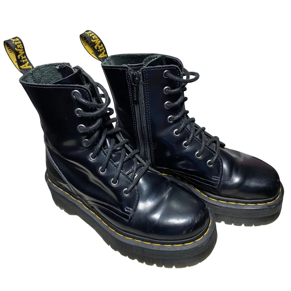 Dr.‎ Martens Jadon Platform Boots Mens 6 Black Leather 8 Eye Zip Up Quad Sole